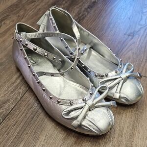 SCHUTZ, Metallic, Silver, Studded, Flats, Party, Ballet, Wedding, Women, Bow,